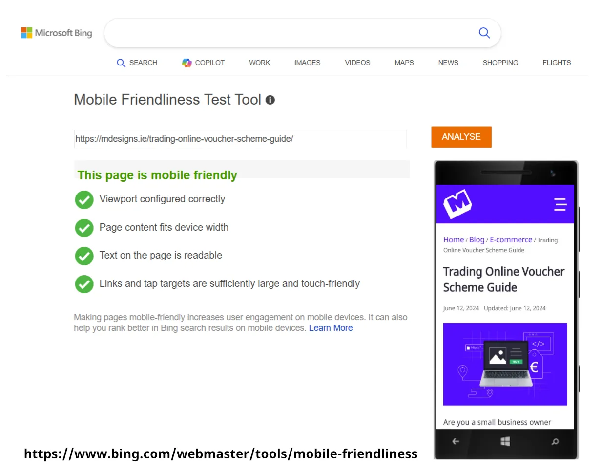 Bing Mobile Friendliness Tool in use