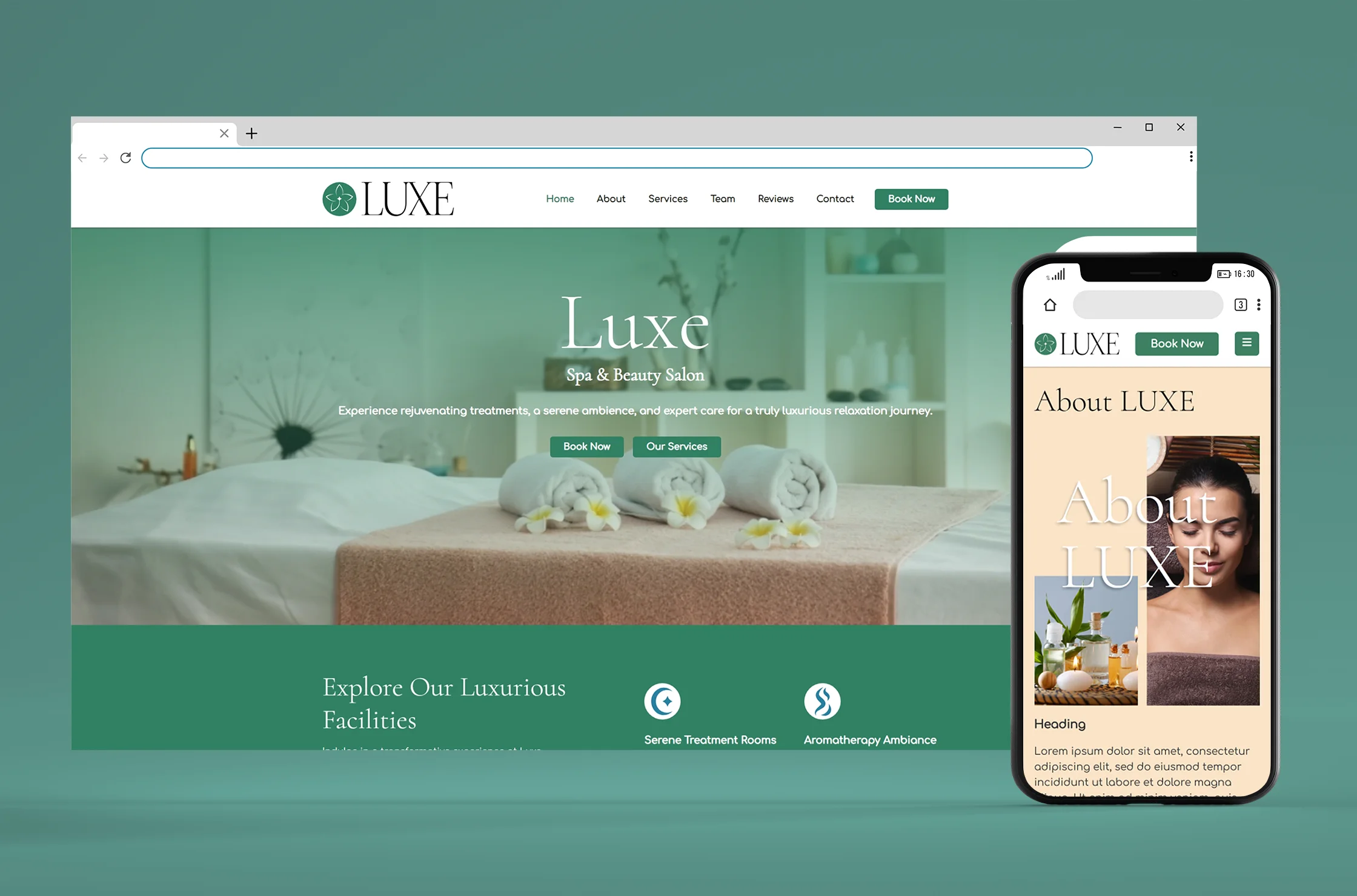 Luxe beauty salon website design frontpage on desktop and phone