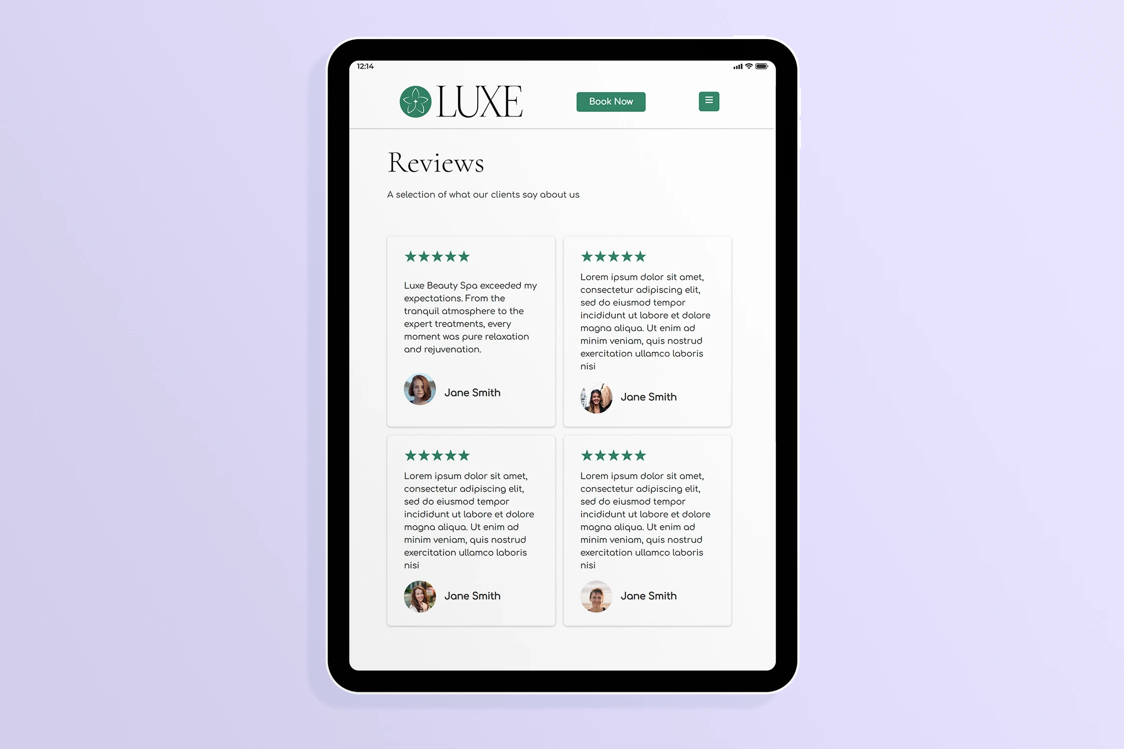 Luxe reviews page on tablet