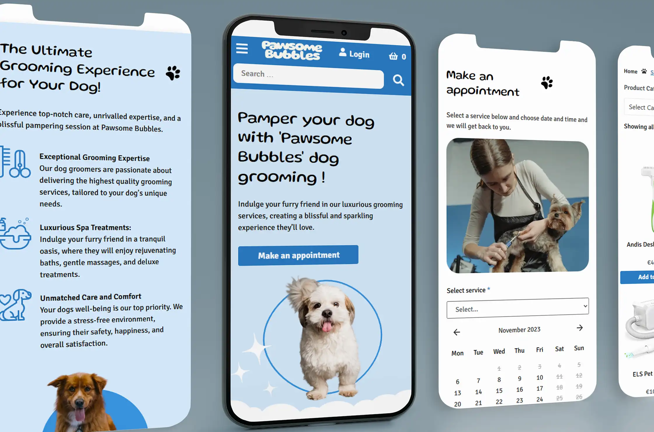 Pawsome Bubbles dog groomer webshop website on mobile phones