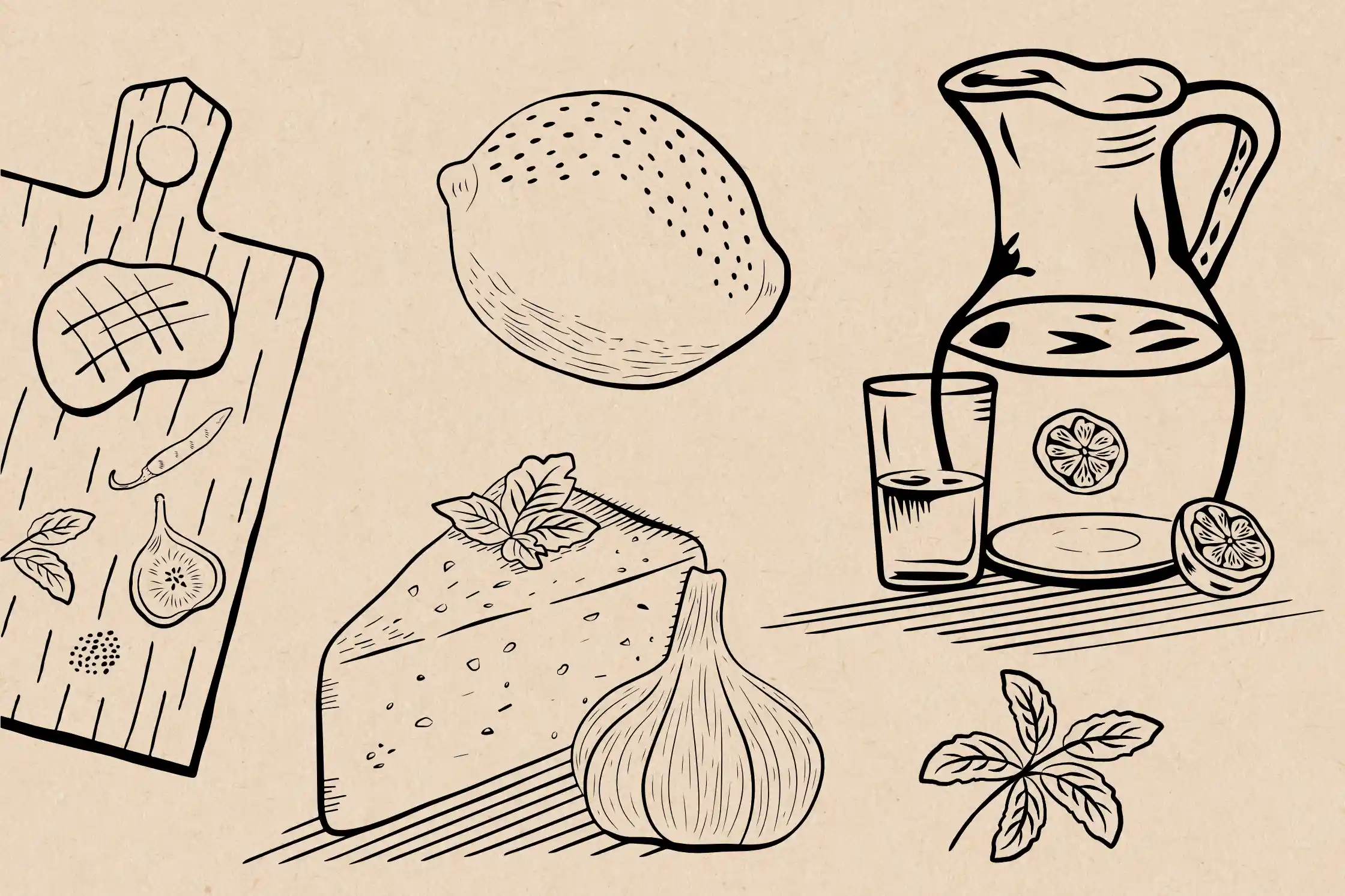 Sizzle and Serve Food Illustrations of cheese, garlic, onion, chopping board and orange juice pitcher