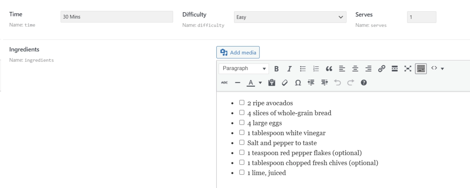 A recipe custom post type