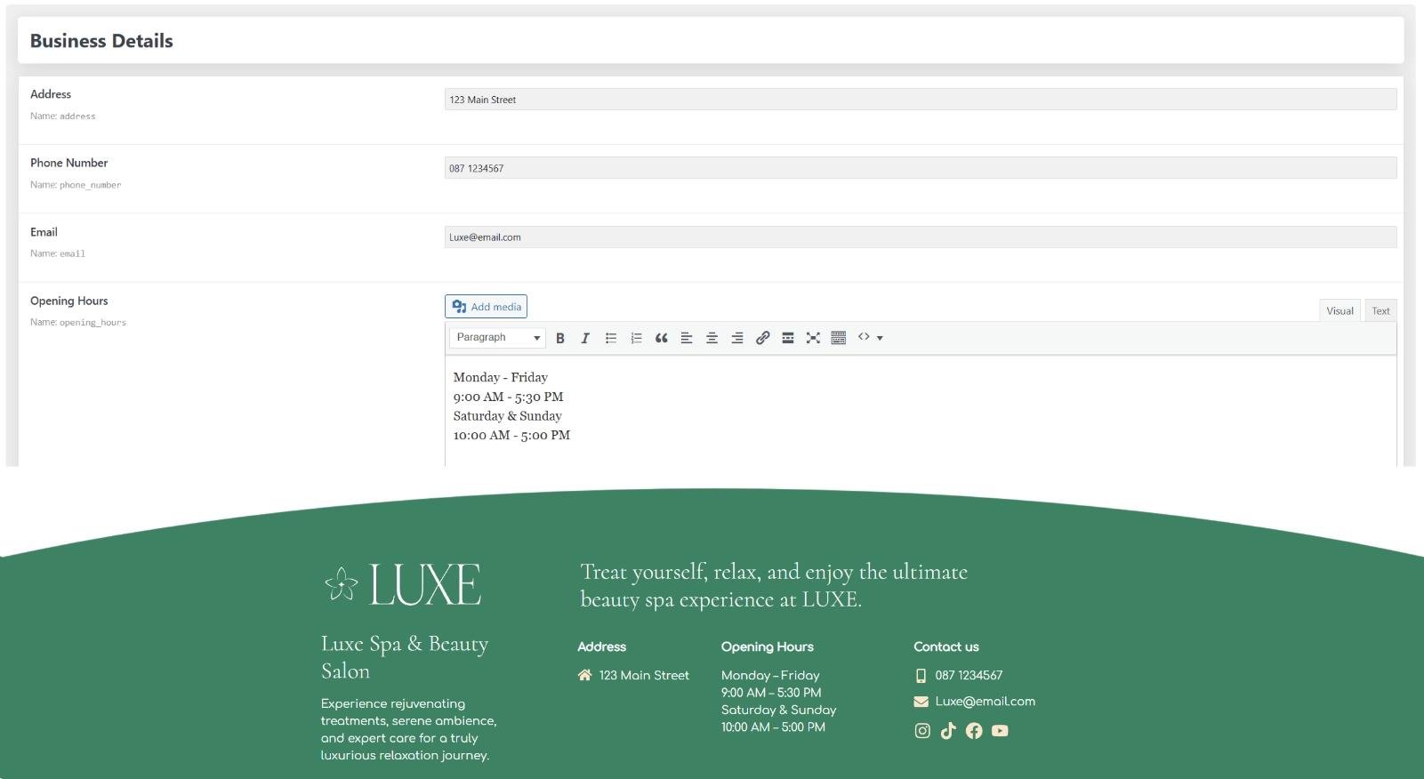 Business details entered on the backend displayed on Website Footer