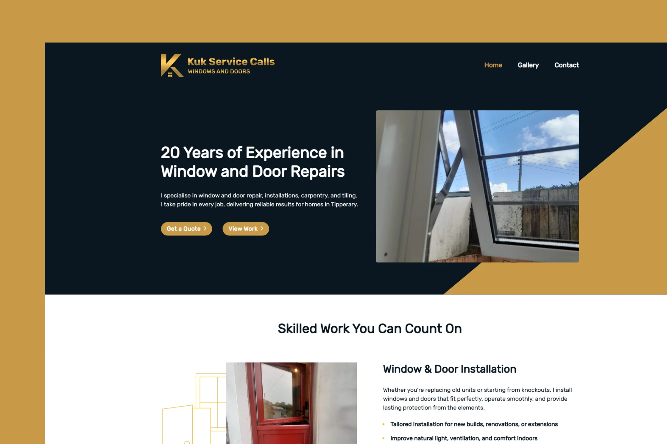 Kuk Service Calls website for a window and door installation and repair business in Tipperary