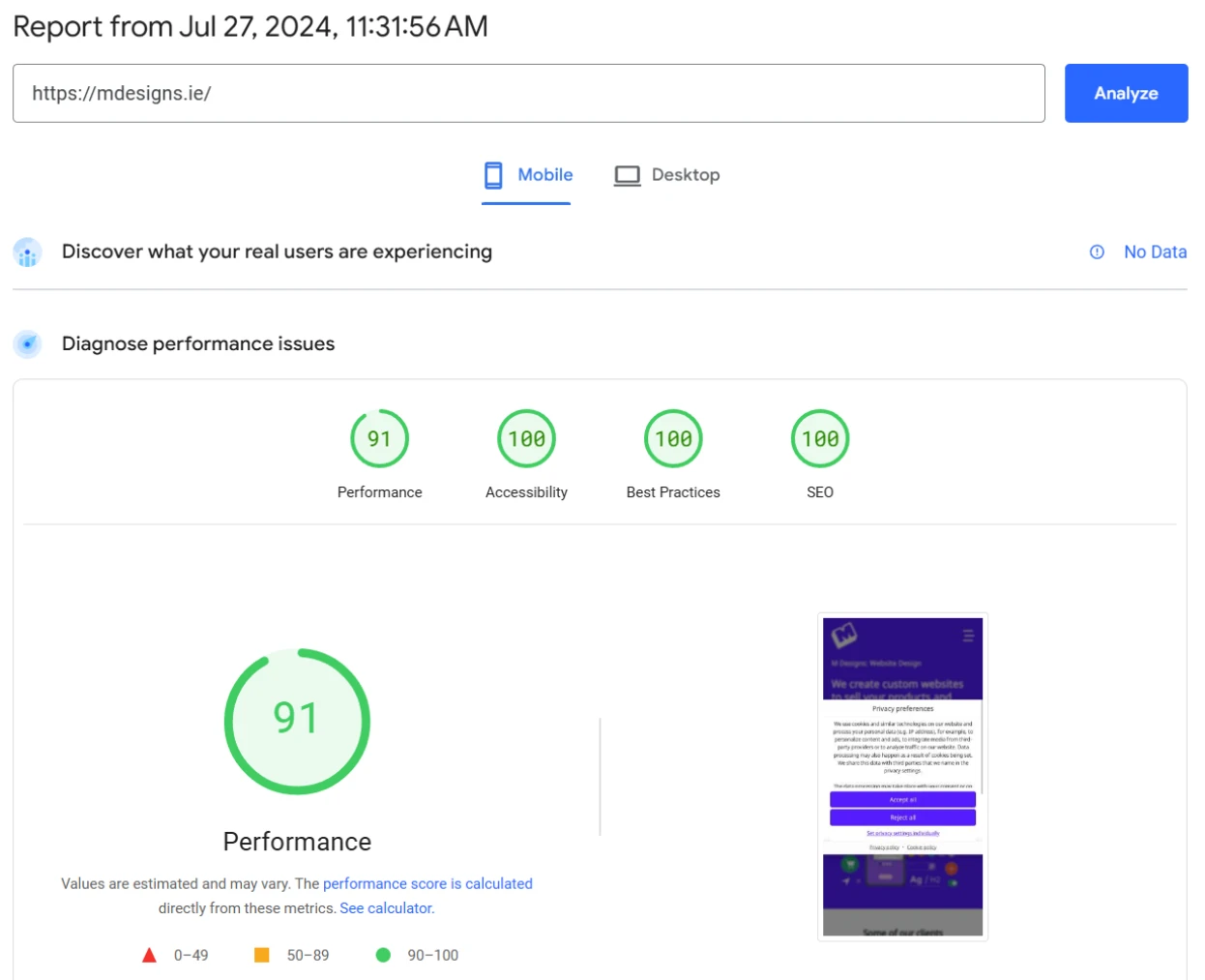 Mdesigns.ie page speed insights report