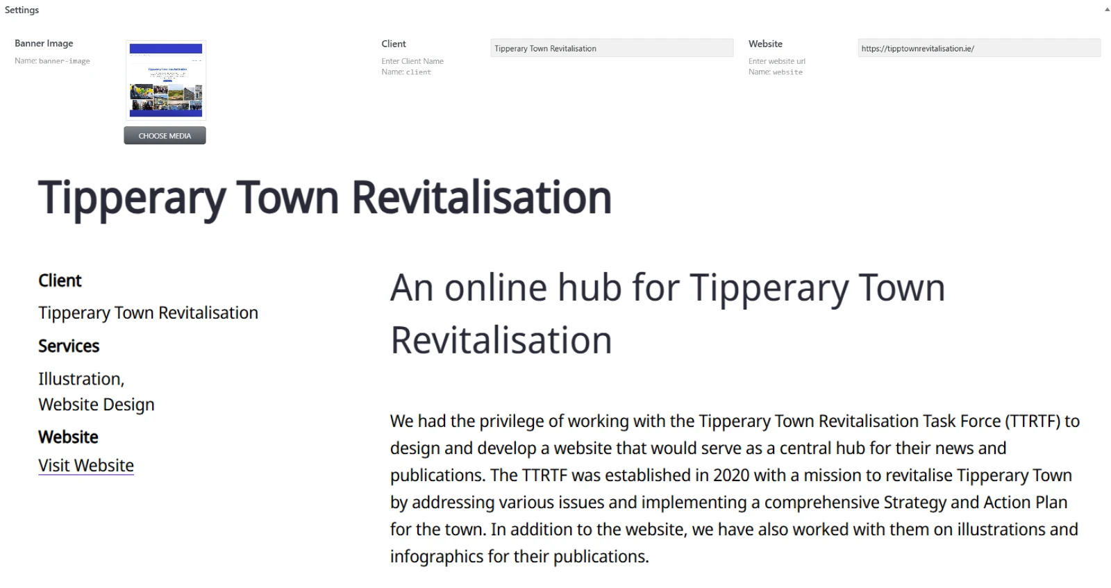 Meta Fields for client name and website displayed on a post template