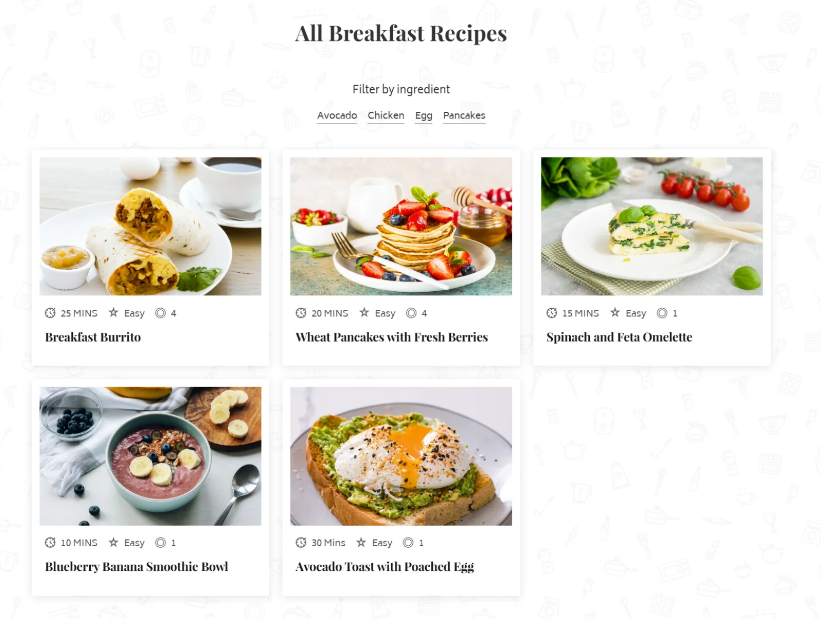 Breakfast recipe category with ingredient filtering