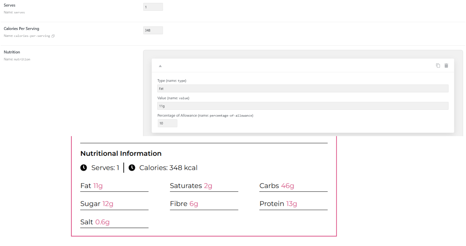 Recipe post with ingredient meta fields