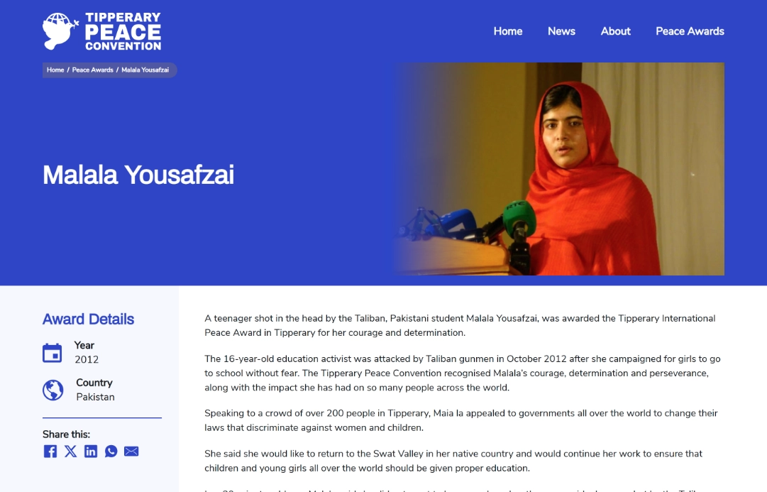 Tipperary Peace Convention Award Winner Page